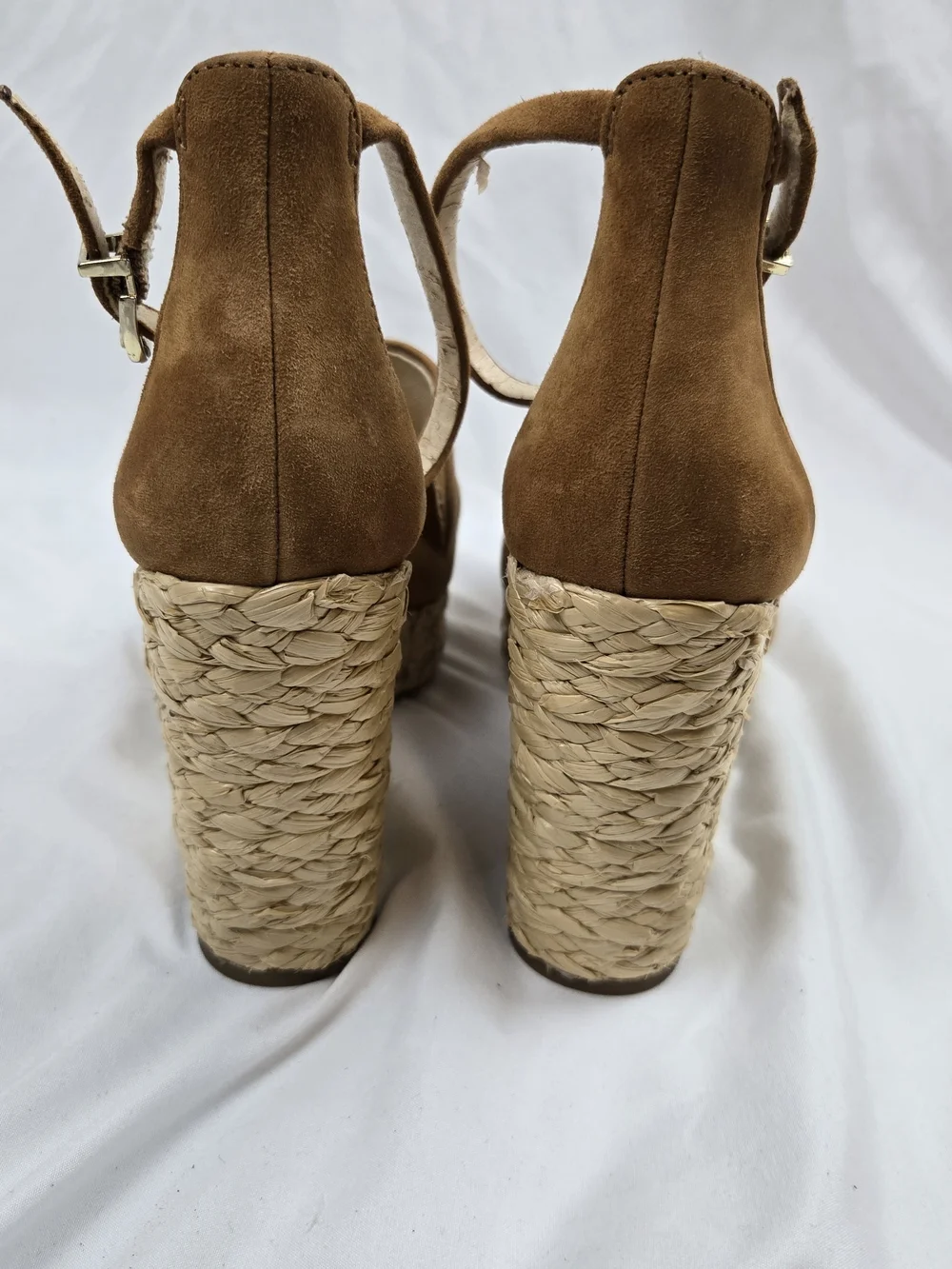 Jessica Simpson Tan Suede Wedge Sandals Espadrille Ankle Strap Peep Toe 5M